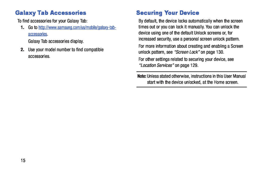 Samsung SMT210RZWYXAR user manual Galaxy Tab Accessories, Securing Your Device, To find accessories for your Galaxy Tab 