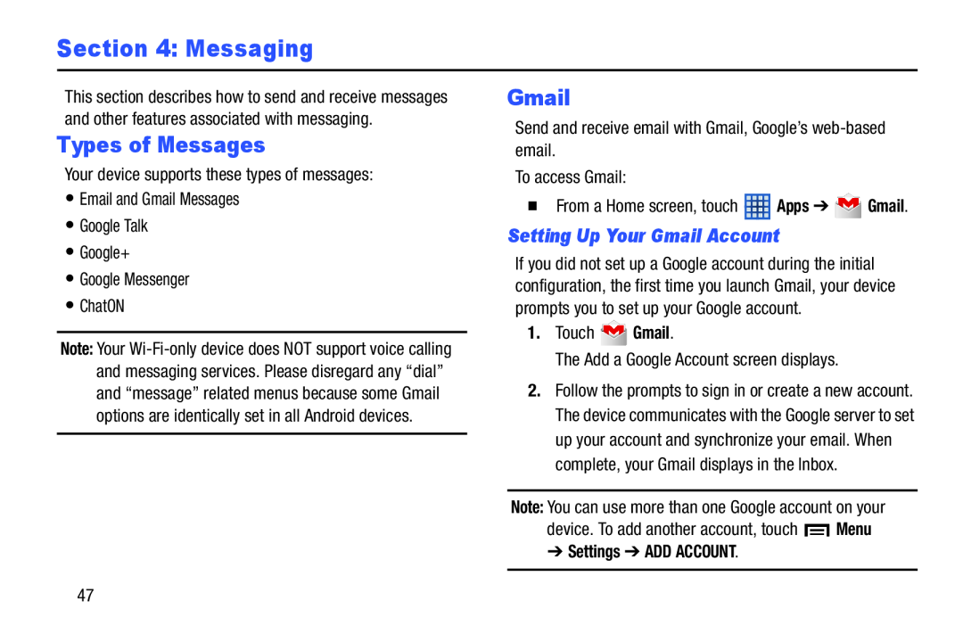 Samsung SMT210RZWYXAR user manual Messaging, Types of Messages, Setting Up Your Gmail Account, Settings ADD ACCOUNT 