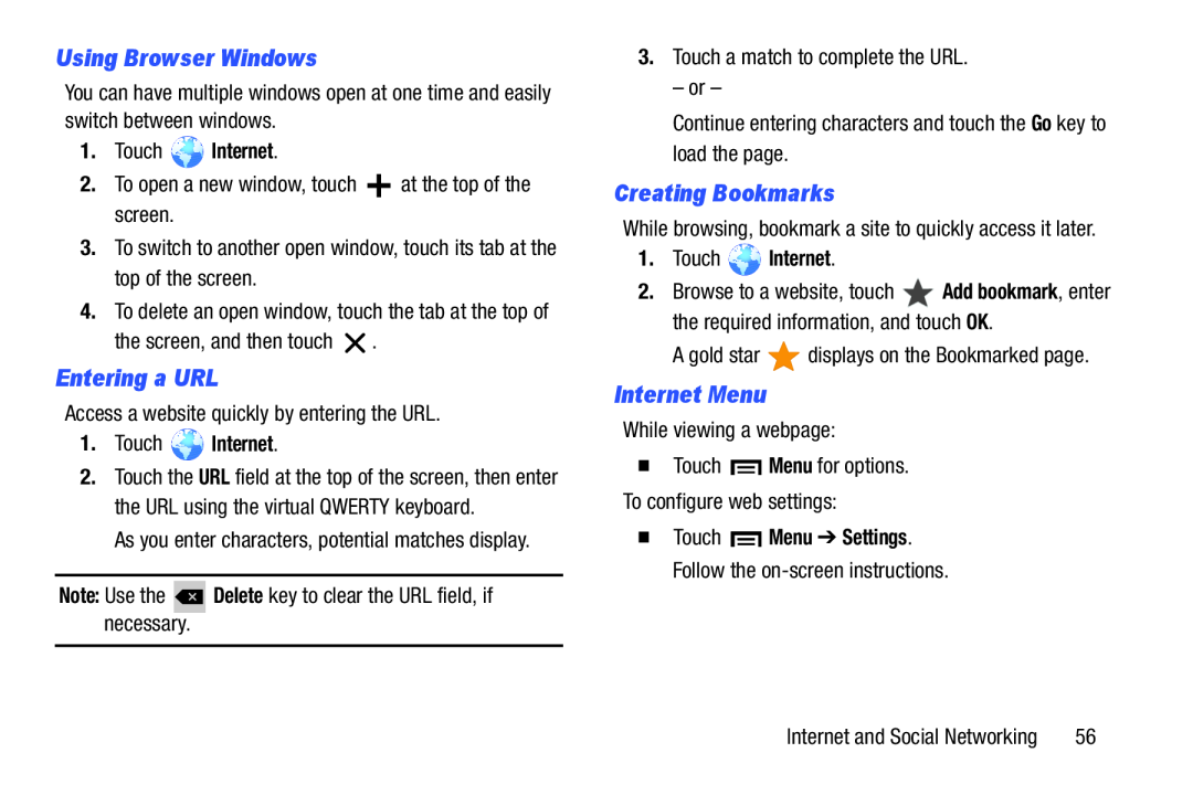 Samsung SM-T210RGNYXAR user manual Using Browser Windows, Entering a URL, Creating Bookmarks, Internet Menu, Touch Internet 