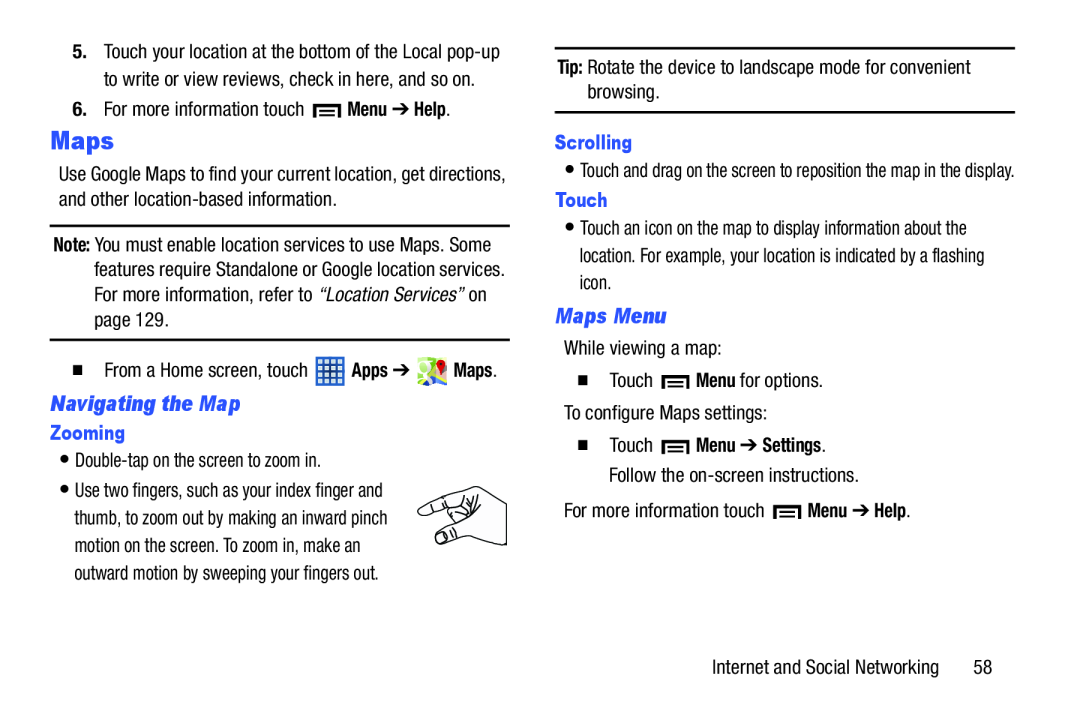 Samsung SM-T210RGNYXAR, SMT210RZWYXAR user manual Navigating the Map, Maps Menu, Zooming, Scrolling, Touch 
