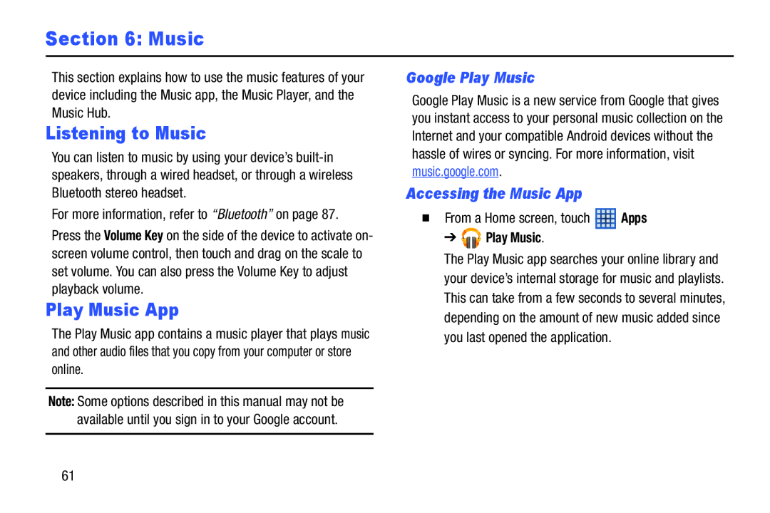 Samsung SMT210RZWYXAR, SM-T210RGNYXAR Listening to Music, Play Music App, Google Play Music, Accessing the Music App 