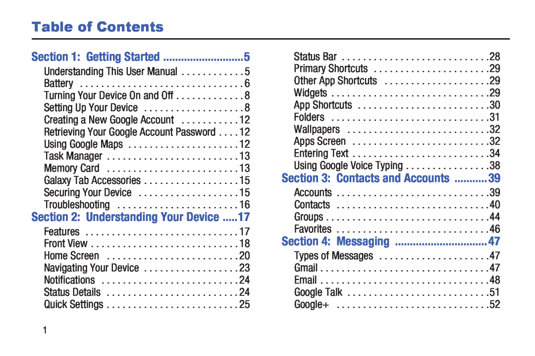 Samsung SMT210RZWYXAR, SM-T210RGNYXAR user manual Table of Contents, Getting Started, Messaging 