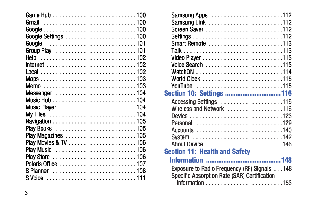 Samsung SMT210RZWYXAR, SM-T210RGNYXAR user manual Health and Safety, Settings, Information 