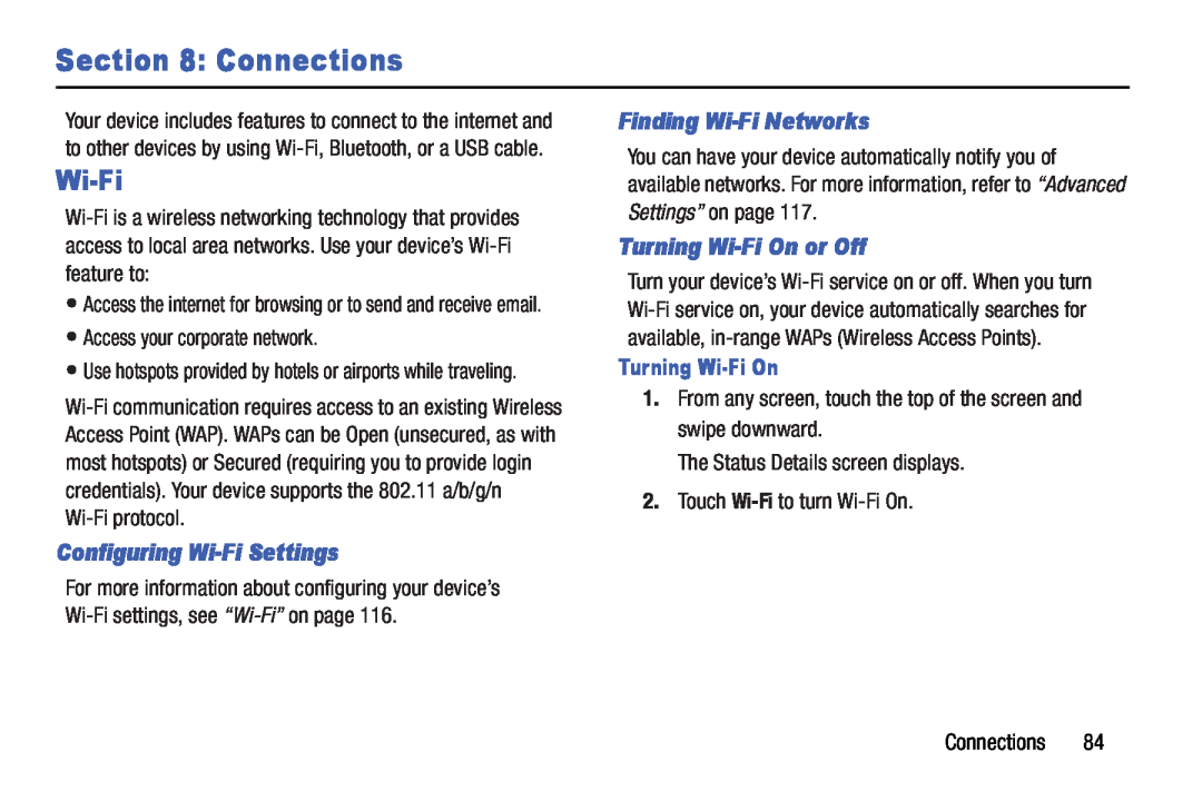 Samsung SM-T210RGNYXAR Connections, Configuring Wi-Fi Settings, Finding Wi-Fi Networks, Turning Wi-Fi On or Off 