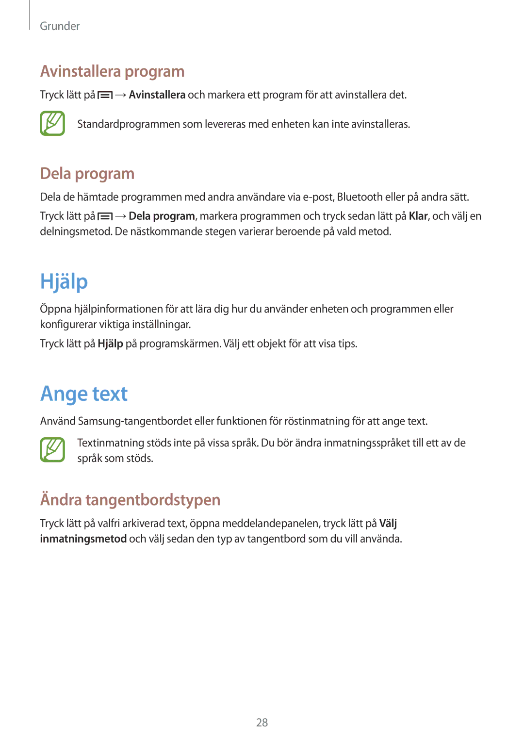 Samsung SM-T2110GNANEE, SM-T2110ZWANEE manual Hjälp, Ange text, Avinstallera program, Dela program, Ändra tangentbordstypen 