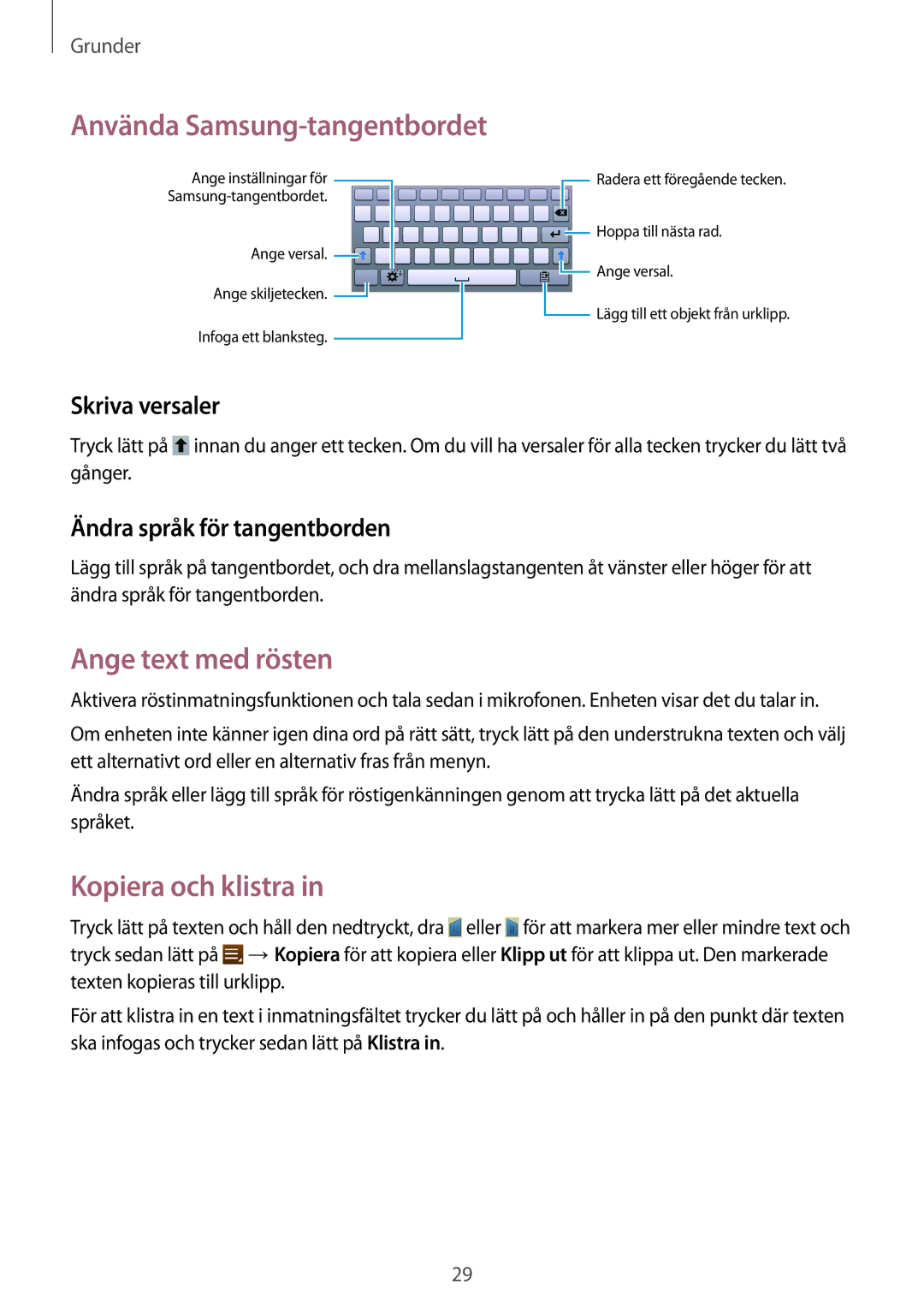 Samsung SM-T2110ZWANEE manual Använda Samsung-tangentbordet, Ange text med rösten, Kopiera och klistra, Skriva versaler 