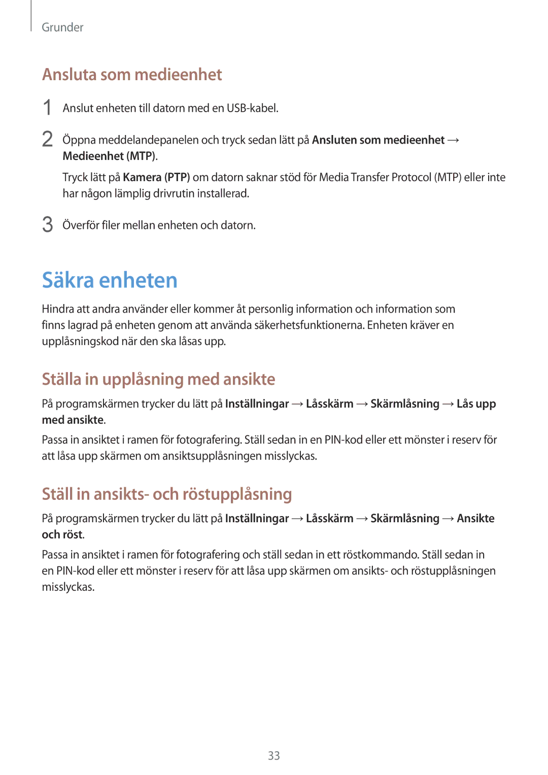 Samsung SM-T2110ZWANEE manual Säkra enheten, Ansluta som medieenhet, Ställa in upplåsning med ansikte, Medieenhet MTP 