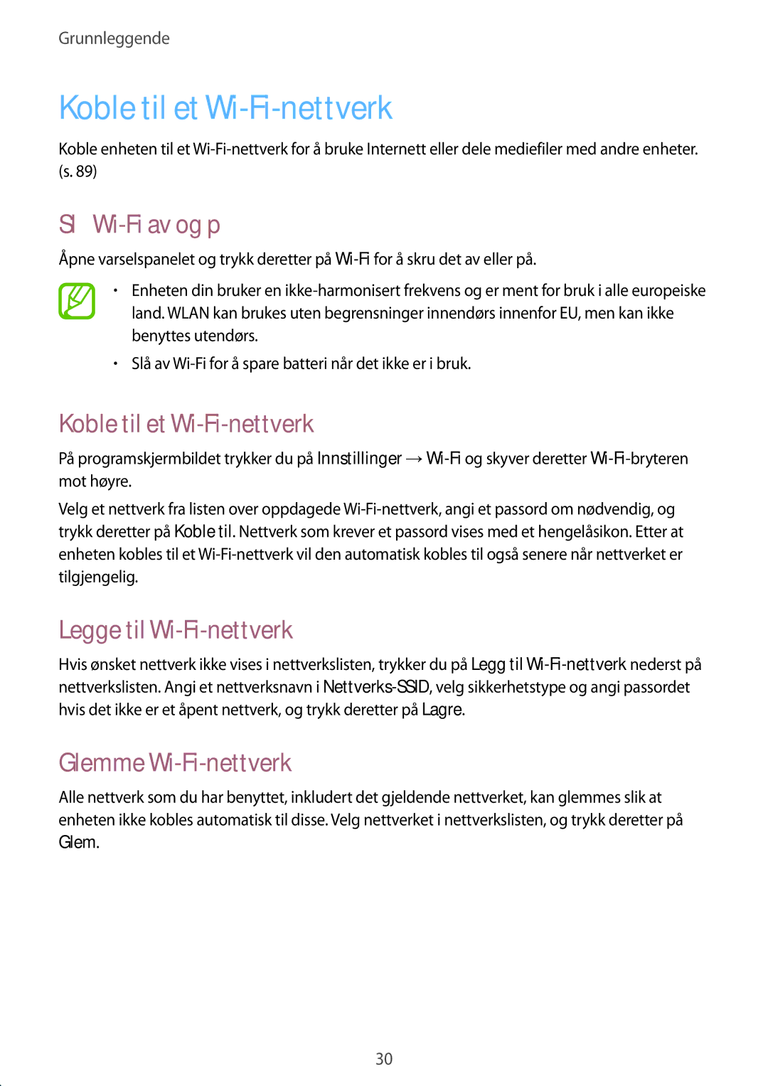 Samsung SM-T2110GRANEE Koble til et Wi-Fi-nettverk, Slå Wi-Fi av og på, Legge til Wi-Fi-nettverk, Glemme Wi-Fi-nettverk 