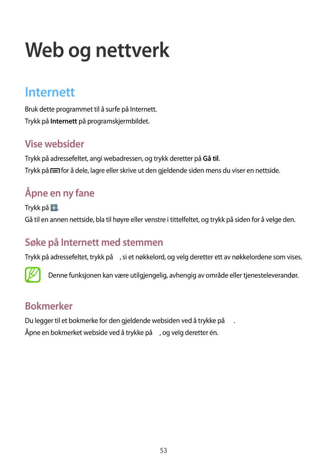 Samsung SM-T2110ZWANEE, SM-T2110GNANEE, SM-T2110GRANEE, SM-T2110MKANEE manual Web og nettverk, Internett 