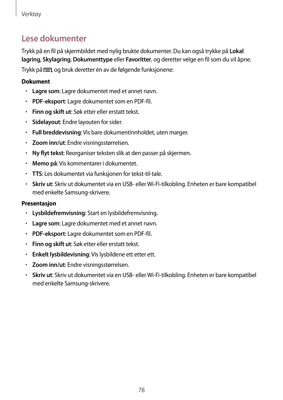 Samsung SM-T2110GRANEE, SM-T2110GNANEE, SM-T2110ZWANEE, SM-T2110MKANEE manual Lese dokumenter, Dokument, Presentasjon 