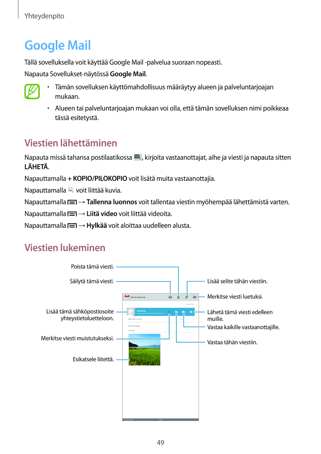 Samsung SM-T2110ZWANEE, SM-T2110GNANEE, SM-T2110GRANEE, SM-T2110MKANEE manual Google Mail, Lähetä 