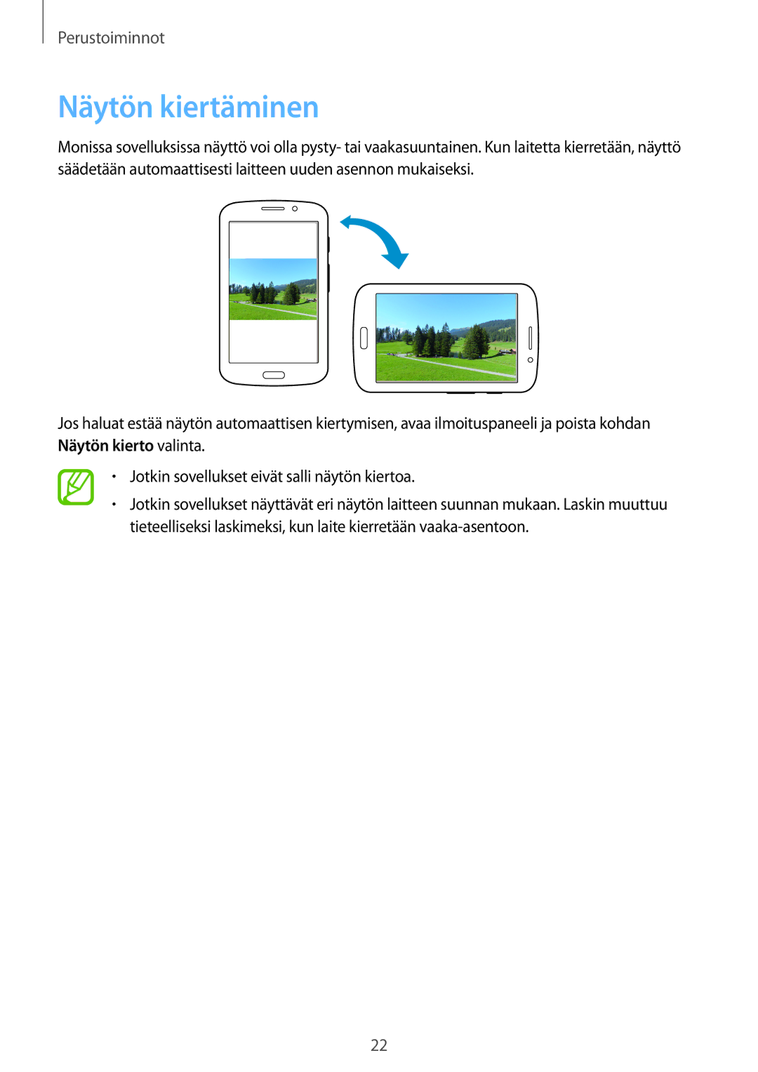 Samsung SM-T2110GRANEE, SM-T2110GNANEE, SM-T2110ZWANEE, SM-T2110MKANEE manual Näytön kiertäminen 