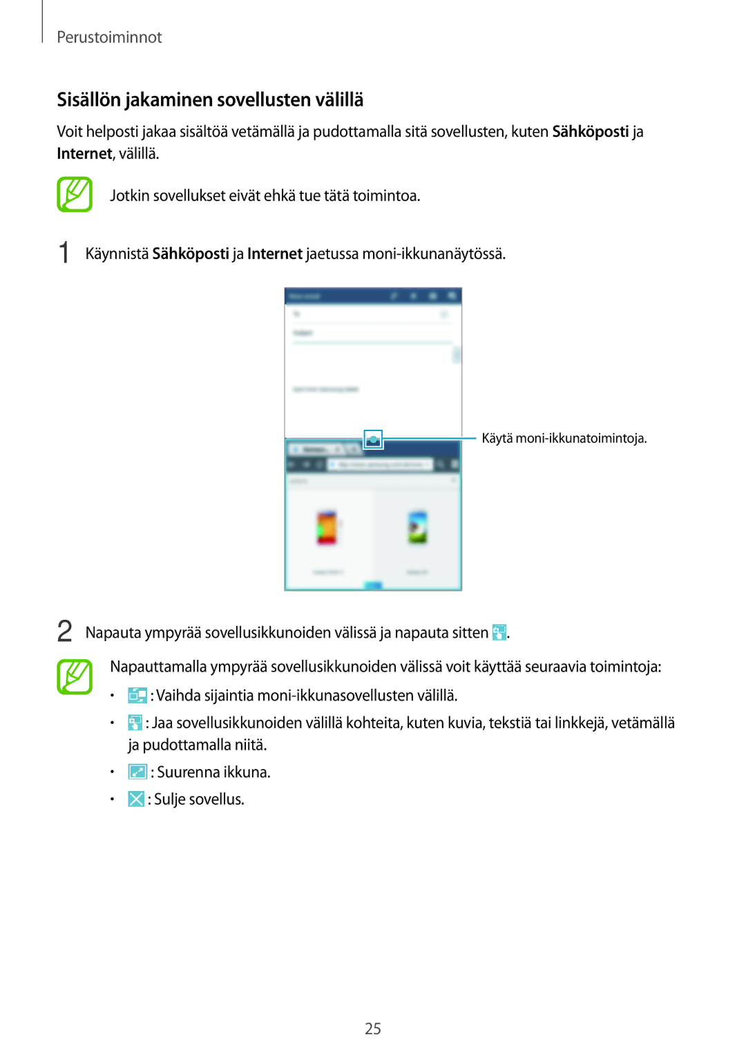 Samsung SM-T2110ZWANEE, SM-T2110GNANEE, SM-T2110GRANEE, SM-T2110MKANEE manual Sisällön jakaminen sovellusten välillä 