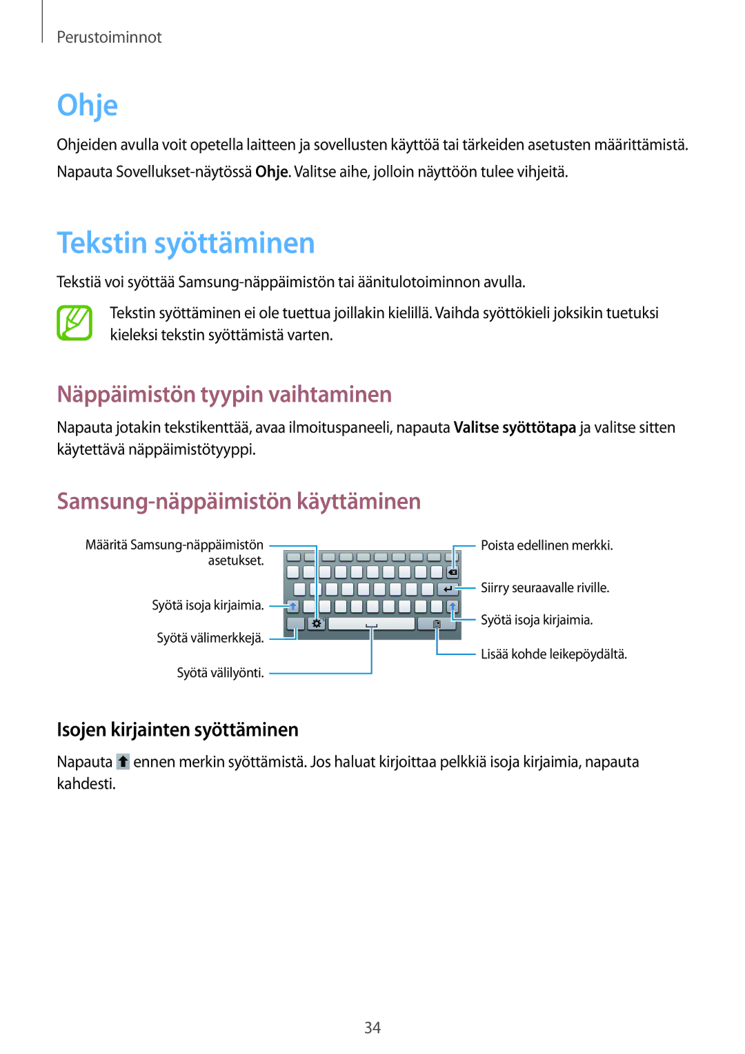 Samsung SM-T2110GRANEE manual Ohje, Tekstin syöttäminen, Näppäimistön tyypin vaihtaminen, Samsung-näppäimistön käyttäminen 