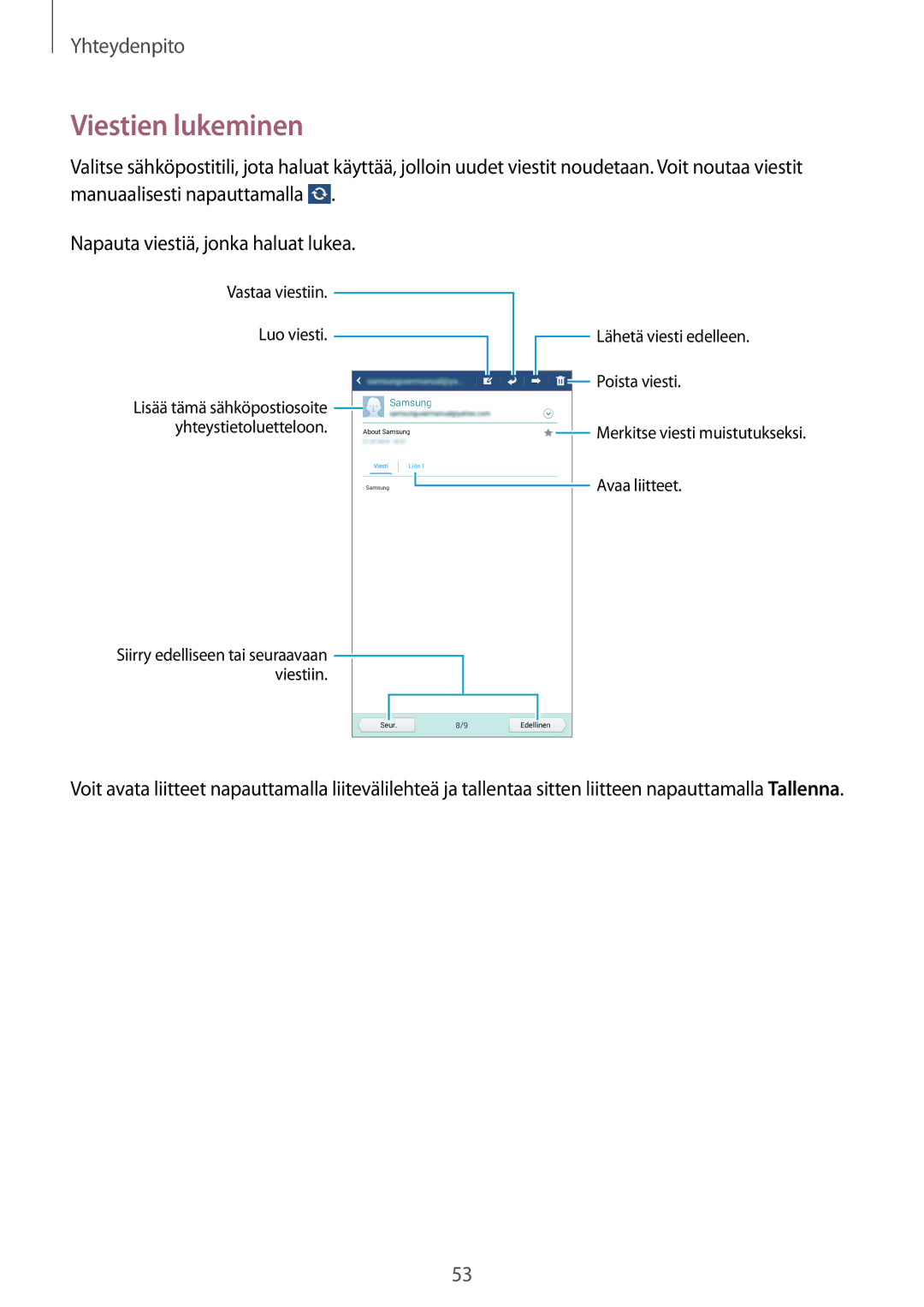 Samsung SM-T2110ZWANEE, SM-T2110GNANEE, SM-T2110GRANEE, SM-T2110MKANEE manual Viestien lukeminen 