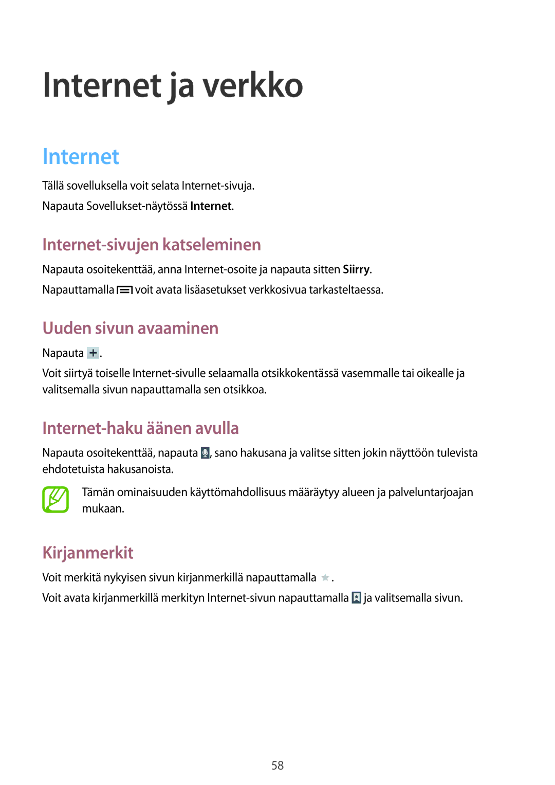 Samsung SM-T2110GRANEE, SM-T2110GNANEE, SM-T2110ZWANEE, SM-T2110MKANEE manual Internet ja verkko 