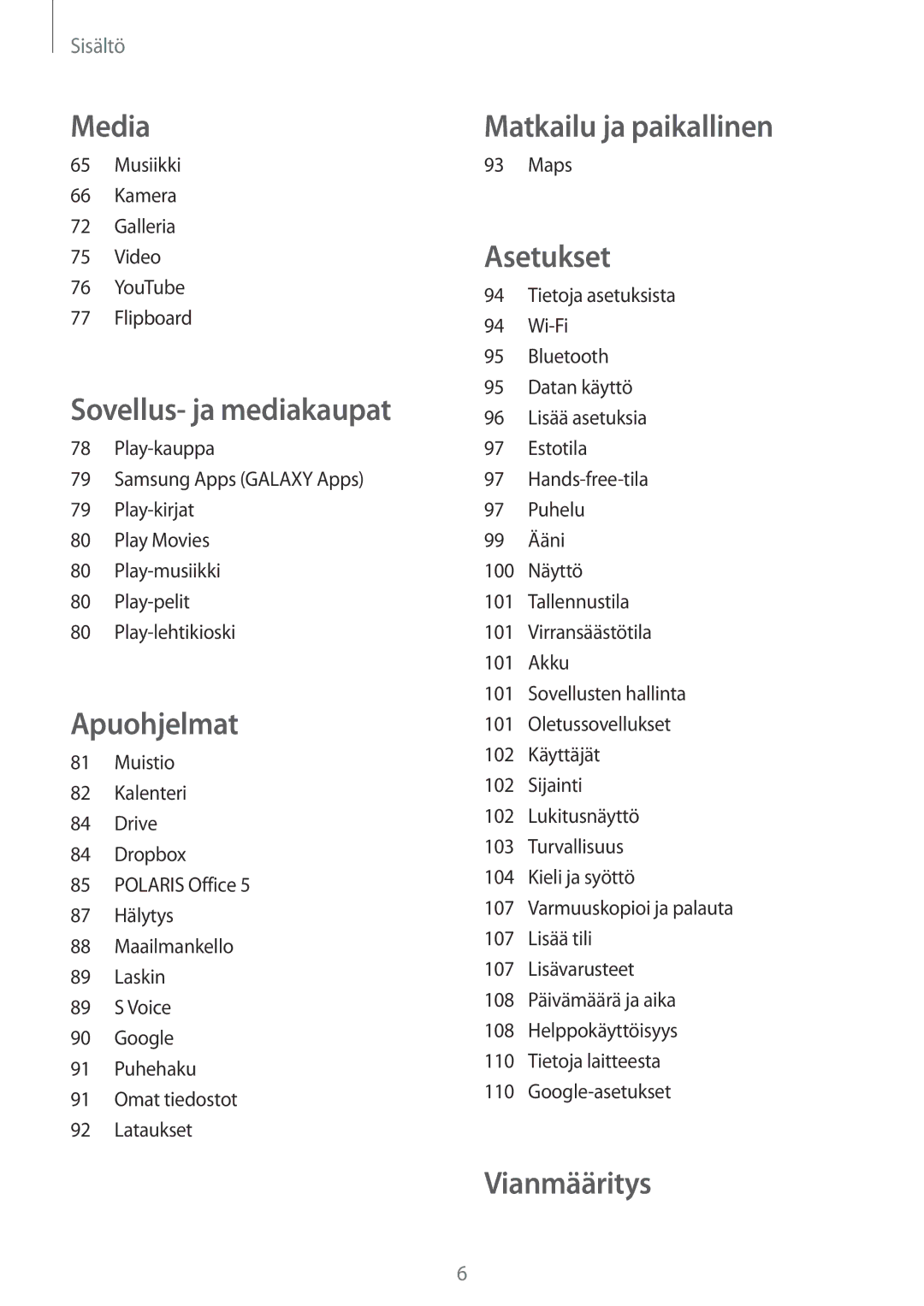 Samsung SM-T2110GRANEE, SM-T2110GNANEE, SM-T2110ZWANEE manual Musiikki Kamera Galleria Video YouTube Flipboard, Maps 