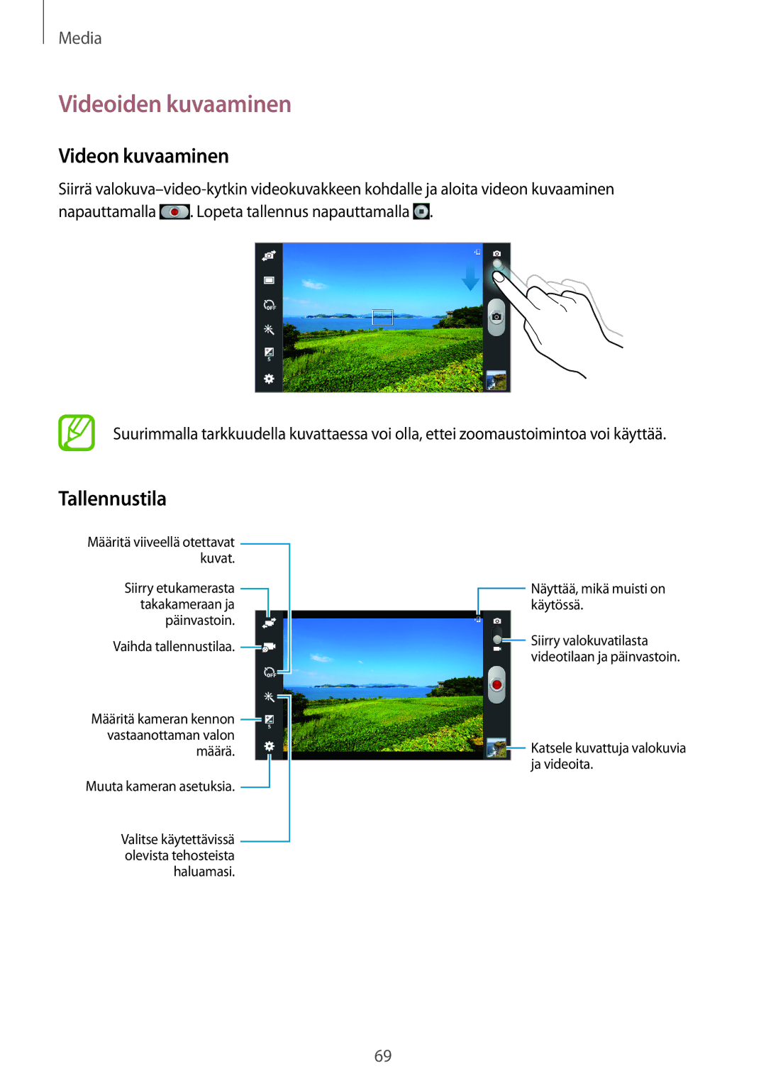 Samsung SM-T2110ZWANEE, SM-T2110GNANEE, SM-T2110GRANEE manual Videoiden kuvaaminen, Videon kuvaaminen, Tallennustila 