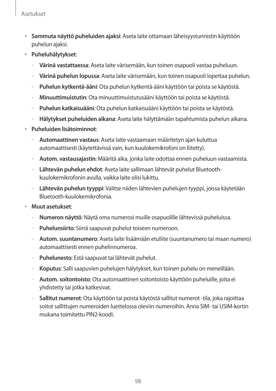 Samsung SM-T2110GRANEE, SM-T2110GNANEE, SM-T2110ZWANEE, SM-T2110MKANEE manual Puheluiden lisätoiminnot, Muut asetukset 