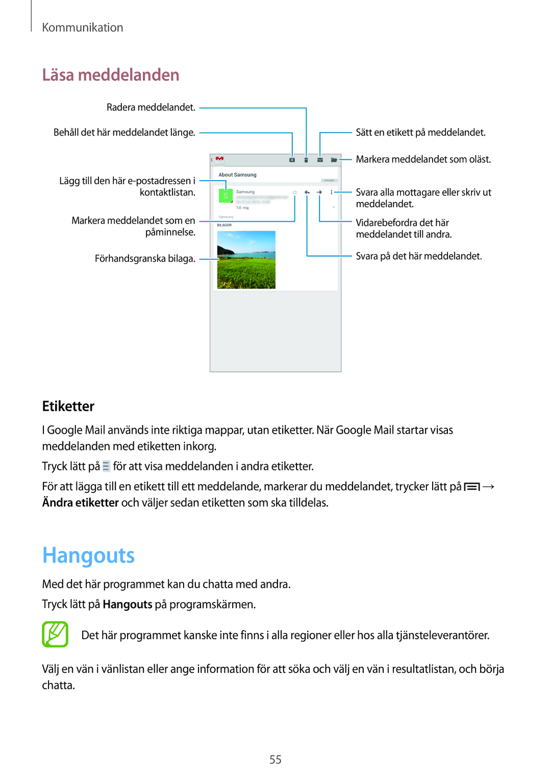 Samsung SM-T2110MKANEE, SM-T2110GNANEE, SM-T2110ZWANEE, SM-T2110GRANEE manual Hangouts, Etiketter 