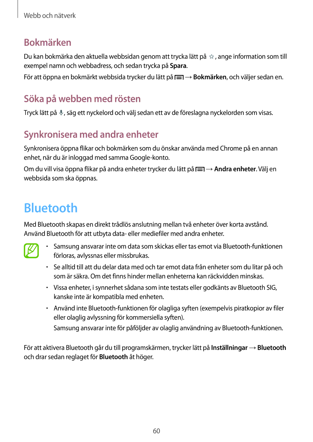 Samsung SM-T2110GNANEE, SM-T2110ZWANEE, SM-T2110GRANEE, SM-T2110MKANEE manual Bluetooth, Synkronisera med andra enheter 