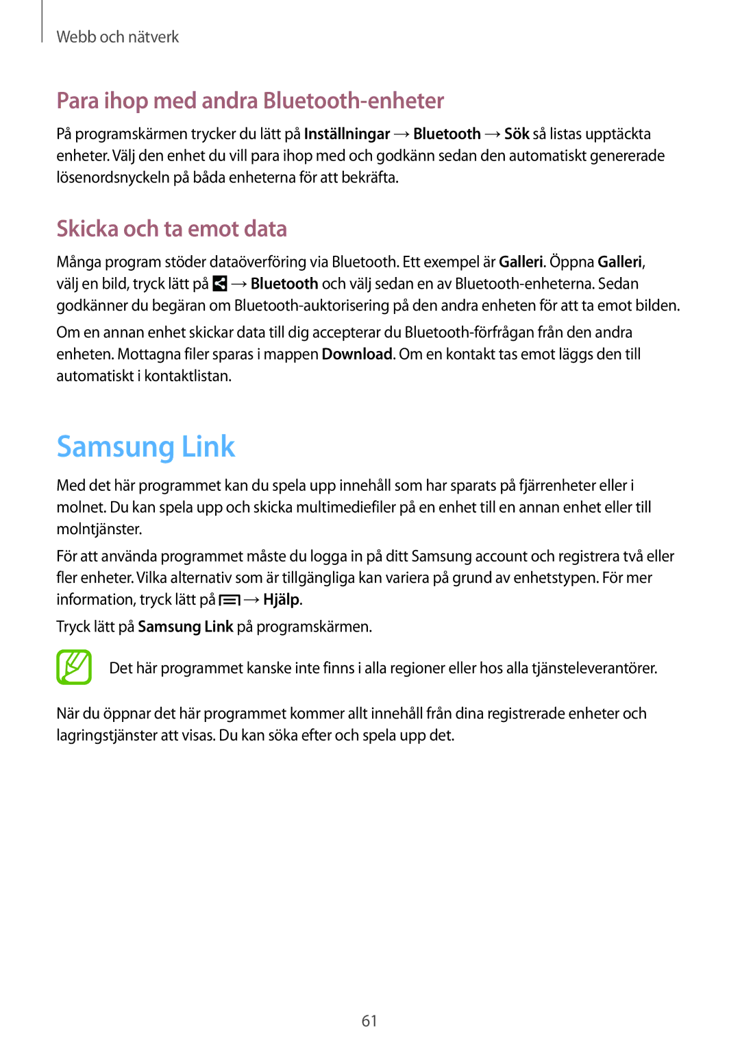 Samsung SM-T2110ZWANEE, SM-T2110GNANEE manual Samsung Link, Para ihop med andra Bluetooth-enheter, Skicka och ta emot data 