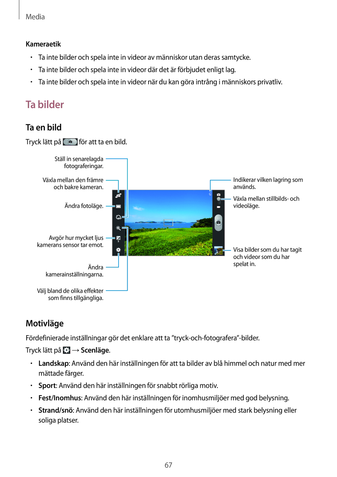 Samsung SM-T2110MKANEE, SM-T2110GNANEE, SM-T2110ZWANEE, SM-T2110GRANEE manual Ta bilder, Ta en bild, Motivläge, Kameraetik 