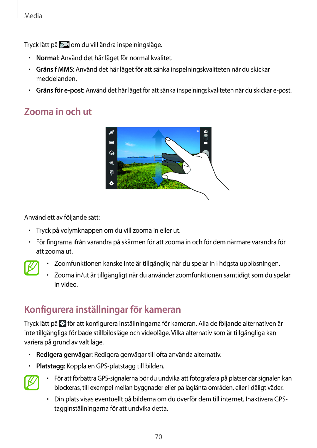 Samsung SM-T2110GRANEE, SM-T2110GNANEE, SM-T2110ZWANEE manual Zooma in och ut, Konfigurera inställningar för kameran 