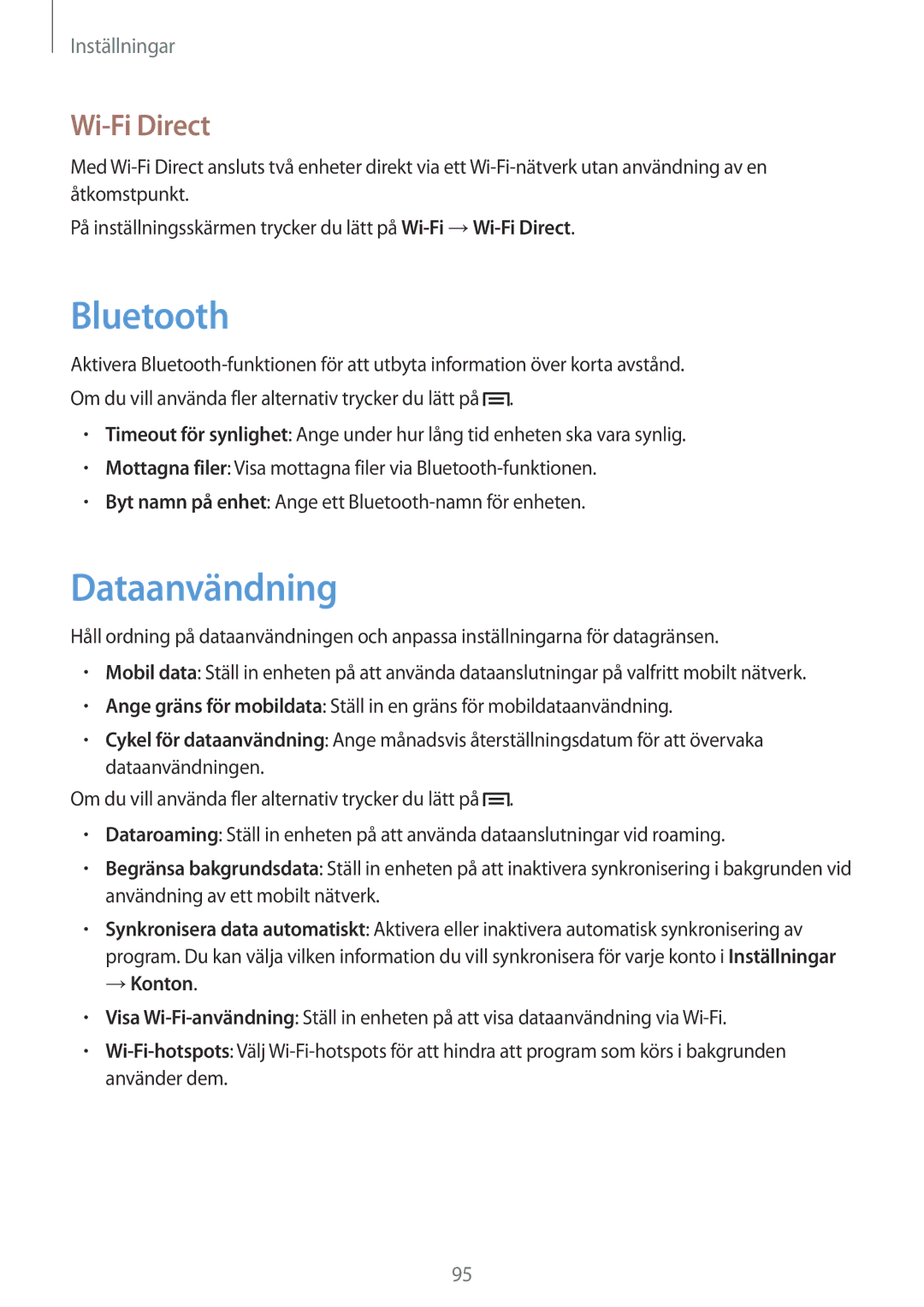 Samsung SM-T2110MKANEE, SM-T2110GNANEE, SM-T2110ZWANEE, SM-T2110GRANEE manual Dataanvändning, Wi-Fi Direct, →Konton 
