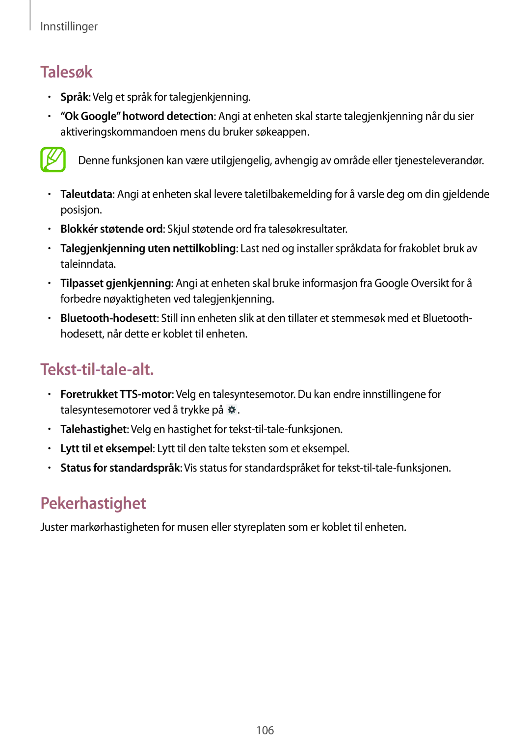 Samsung SM-T2110GRANEE manual Talesøk, Tekst-til-tale-alt, Pekerhastighet, Språk Velg et språk for talegjenkjenning 