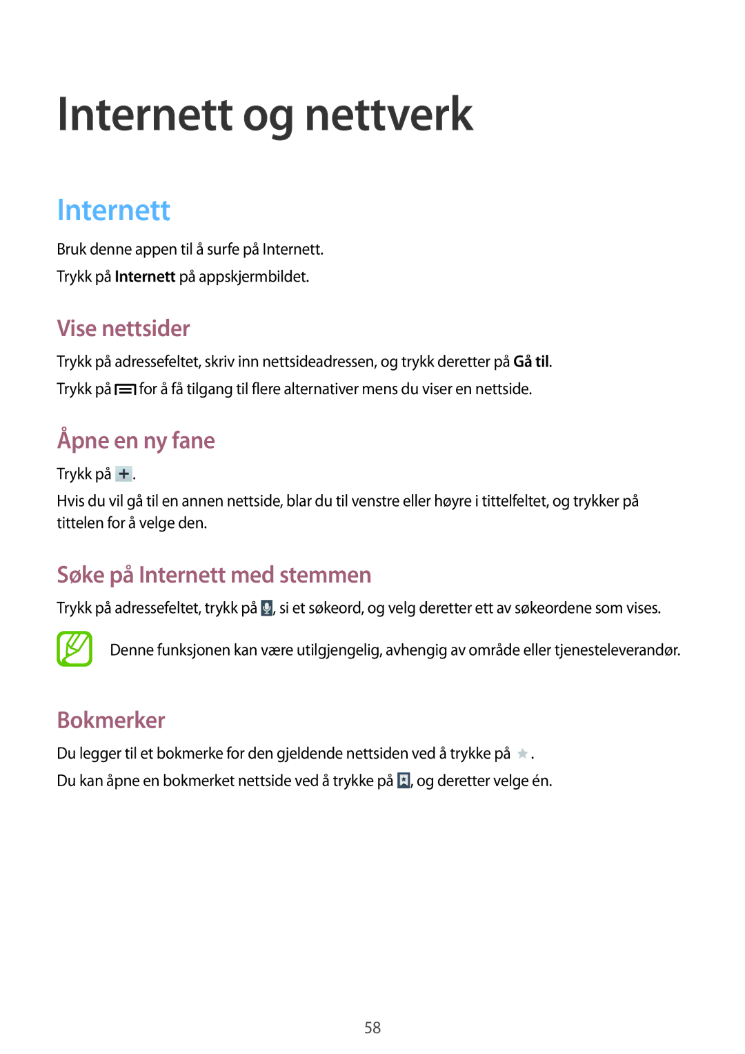 Samsung SM-T2110GRANEE, SM-T2110GNANEE, SM-T2110ZWANEE, SM-T2110MKANEE manual Internett og nettverk 