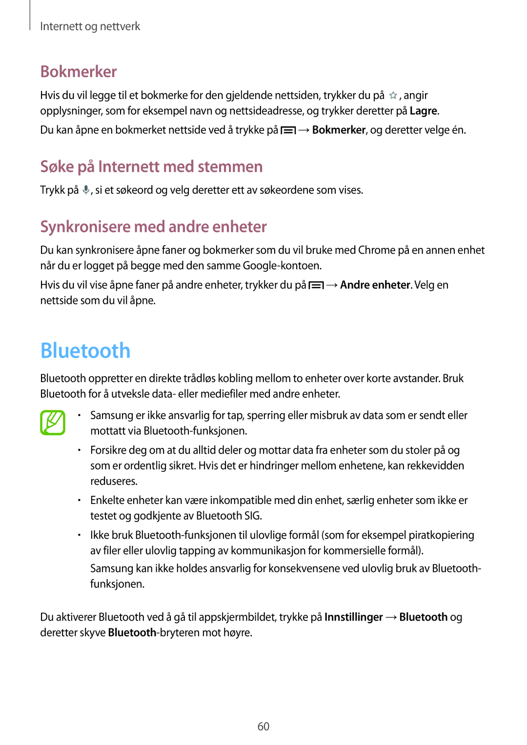 Samsung SM-T2110GNANEE, SM-T2110ZWANEE, SM-T2110GRANEE, SM-T2110MKANEE manual Bluetooth, Synkronisere med andre enheter 