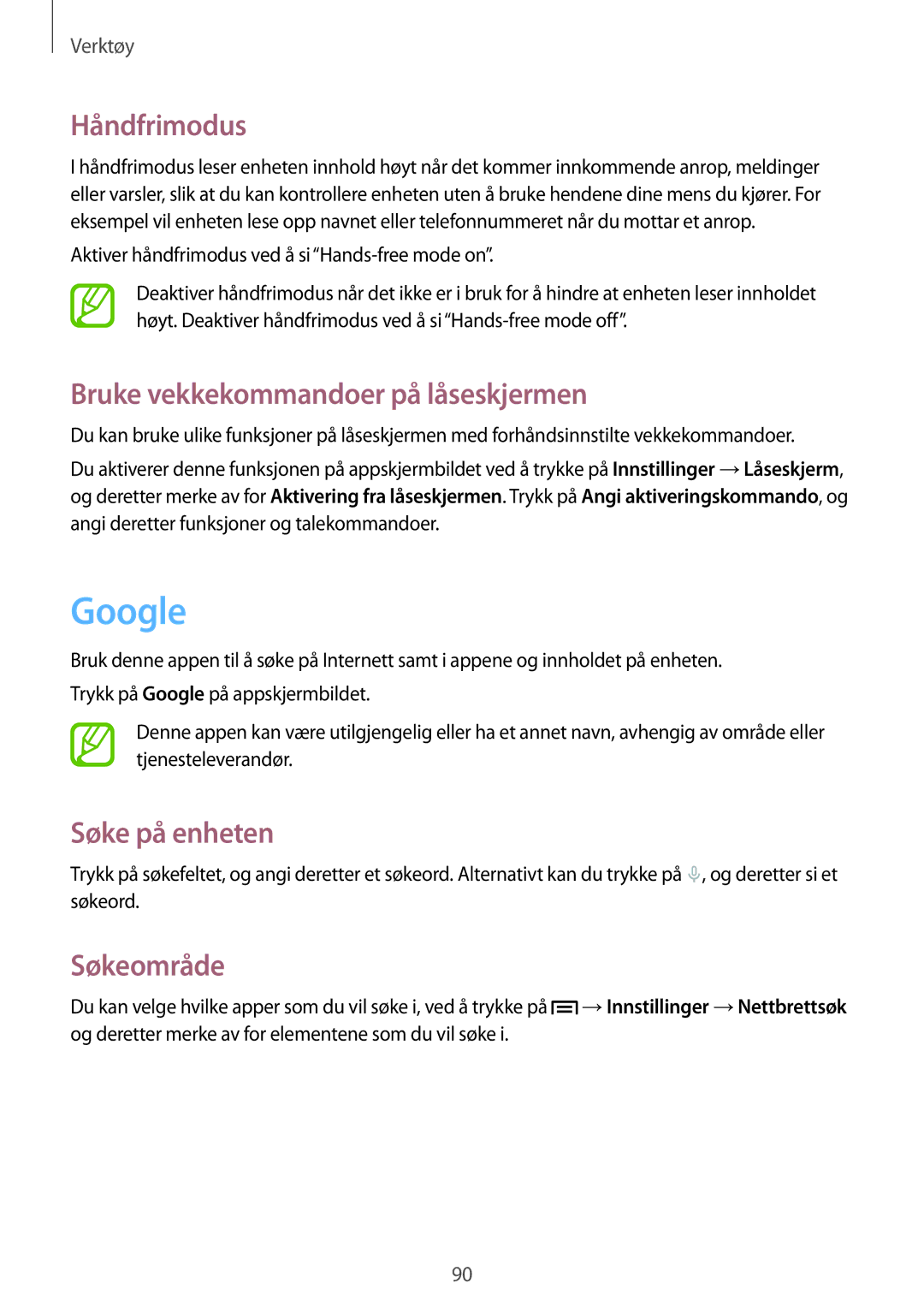 Samsung SM-T2110GRANEE manual Google, Håndfrimodus, Bruke vekkekommandoer på låseskjermen, Søke på enheten, Søkeområde 