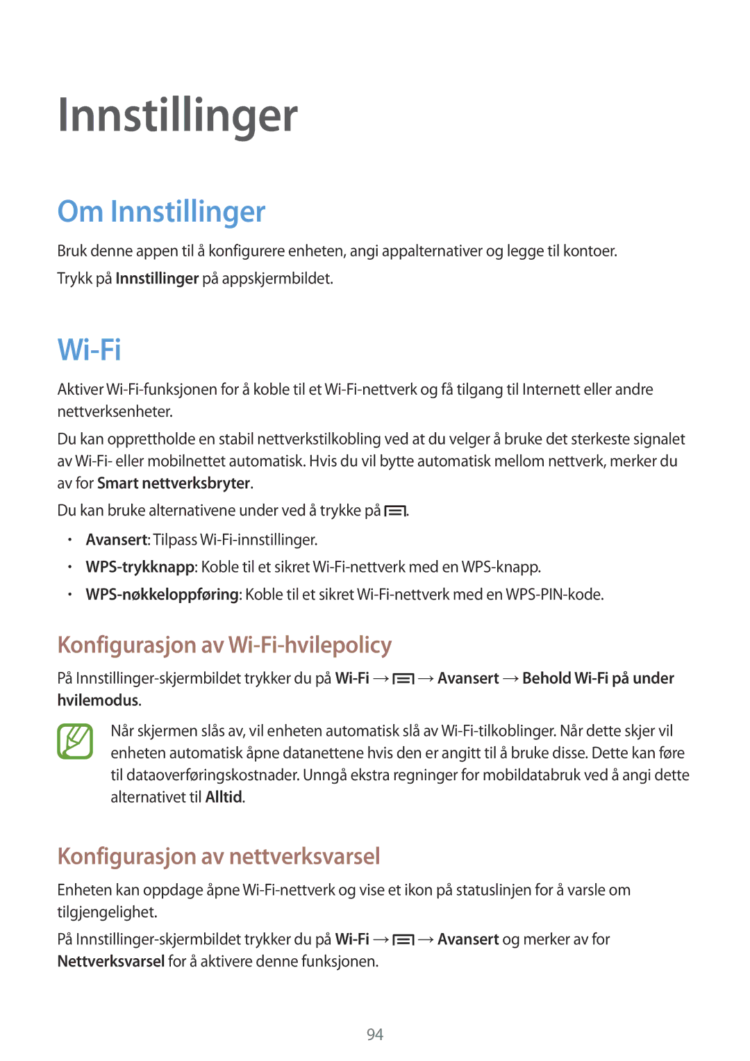 Samsung SM-T2110GRANEE Om Innstillinger, Konfigurasjon av Wi-Fi-hvilepolicy, Konfigurasjon av nettverksvarsel 