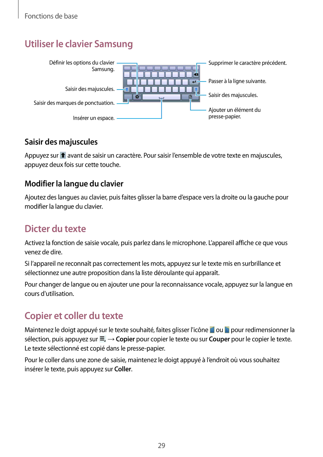 Samsung SM-T2110GNABGL Utiliser le clavier Samsung, Dicter du texte, Copier et coller du texte, Saisir des majuscules 