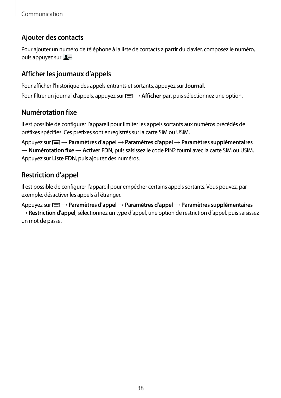 Samsung SM-T2110GNABGL manual Ajouter des contacts, Afficher les journaux d’appels, Numérotation fixe, Restriction d’appel 