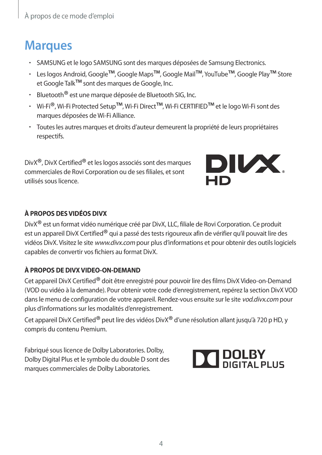 Samsung SM-T2110ZWABGL, SM-T2110MKABGL, SM-T2110GNABGL manual Marques, Propos DES Vidéos Divx Propos DE Divx VIDEO-ON-DEMAND 