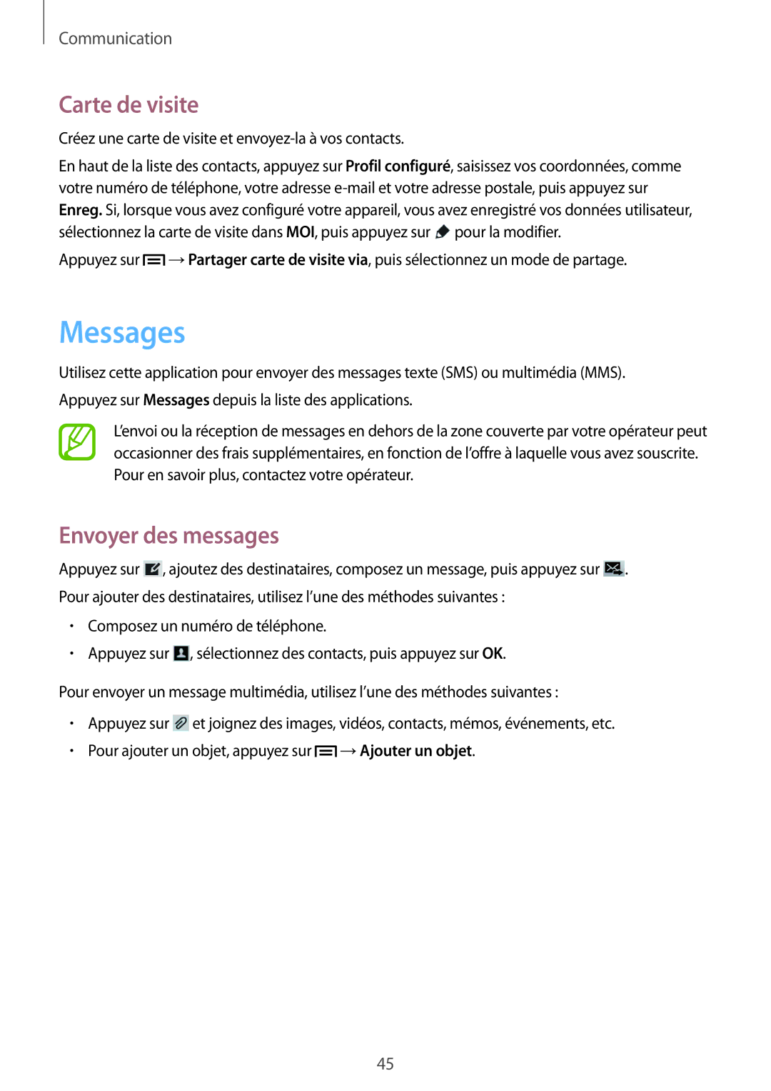 Samsung SM-T2110MKABGL, SM-T2110ZWABGL, SM-T2110GNABGL manual Messages, Carte de visite, Envoyer des messages 