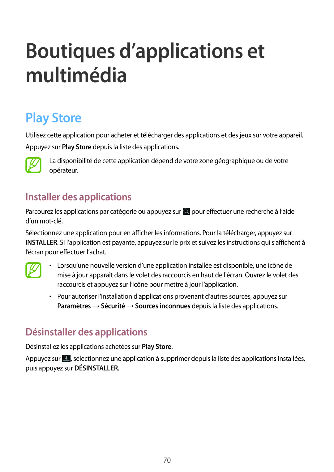 Samsung SM-T2110ZWABGL, SM-T2110MKABGL, SM-T2110GNABGL manual Boutiques d’applications et multimédia, Play Store 