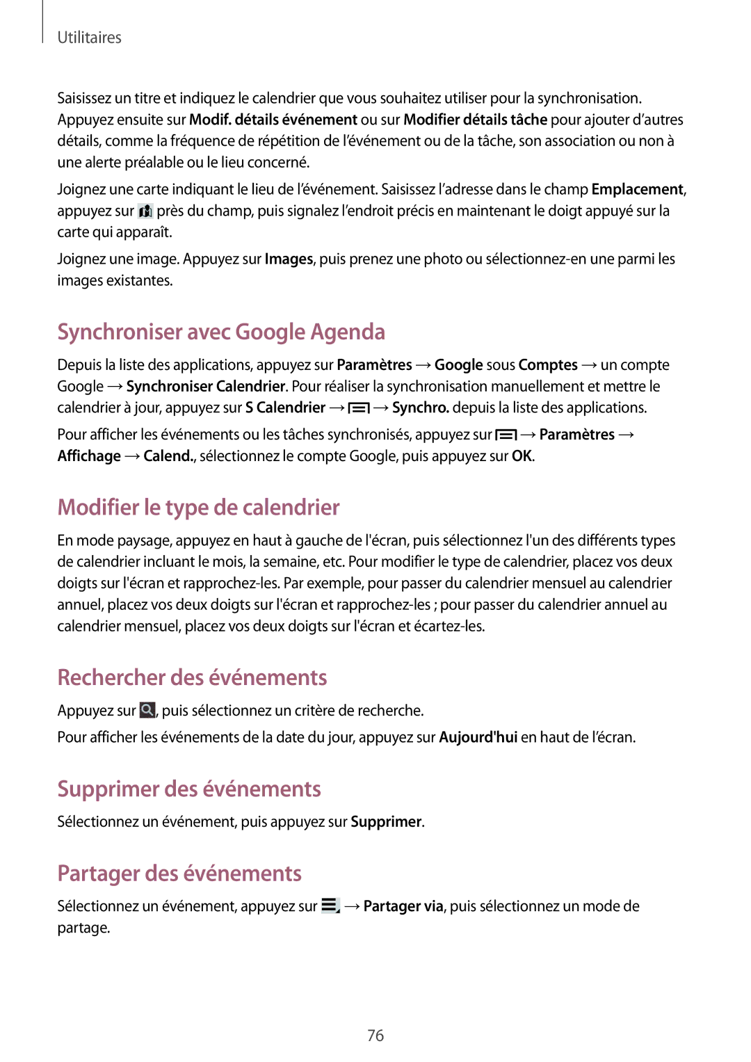 Samsung SM-T2110ZWABGL manual Synchroniser avec Google Agenda, Modifier le type de calendrier, Rechercher des événements 