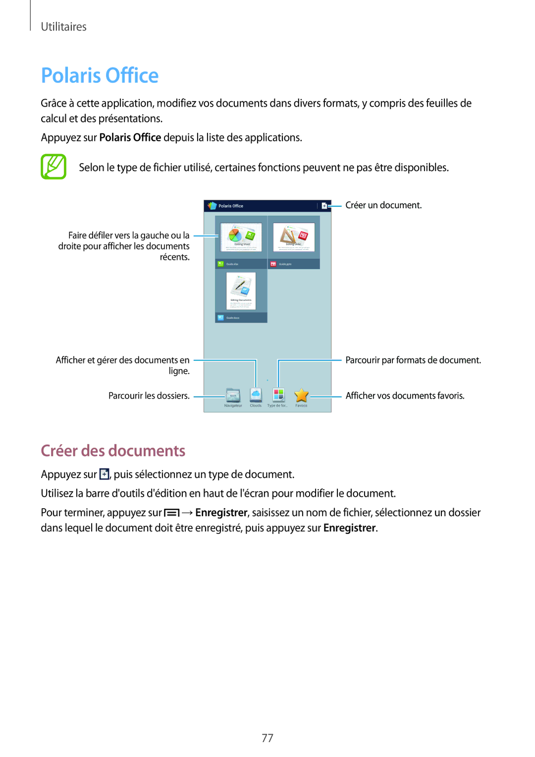 Samsung SM-T2110GNABGL, SM-T2110MKABGL, SM-T2110ZWABGL manual Polaris Office, Créer des documents 