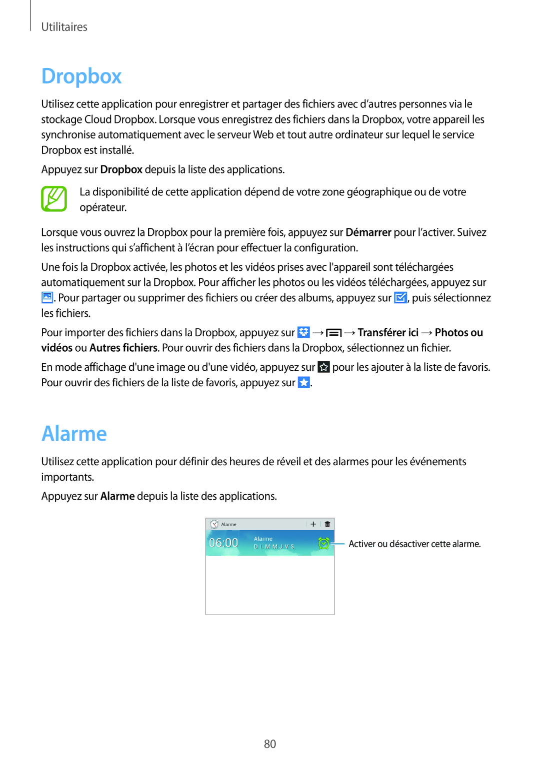 Samsung SM-T2110GNABGL, SM-T2110MKABGL, SM-T2110ZWABGL manual Dropbox, Alarme 