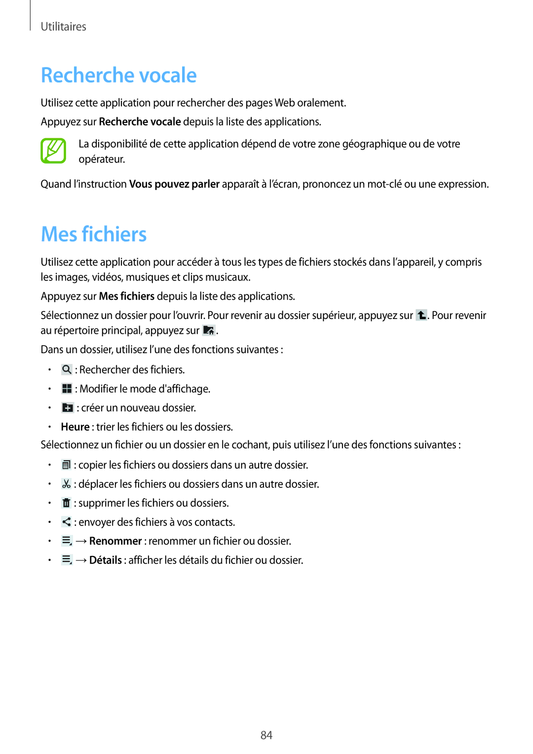 Samsung SM-T2110MKABGL, SM-T2110ZWABGL, SM-T2110GNABGL manual Recherche vocale, Mes fichiers 