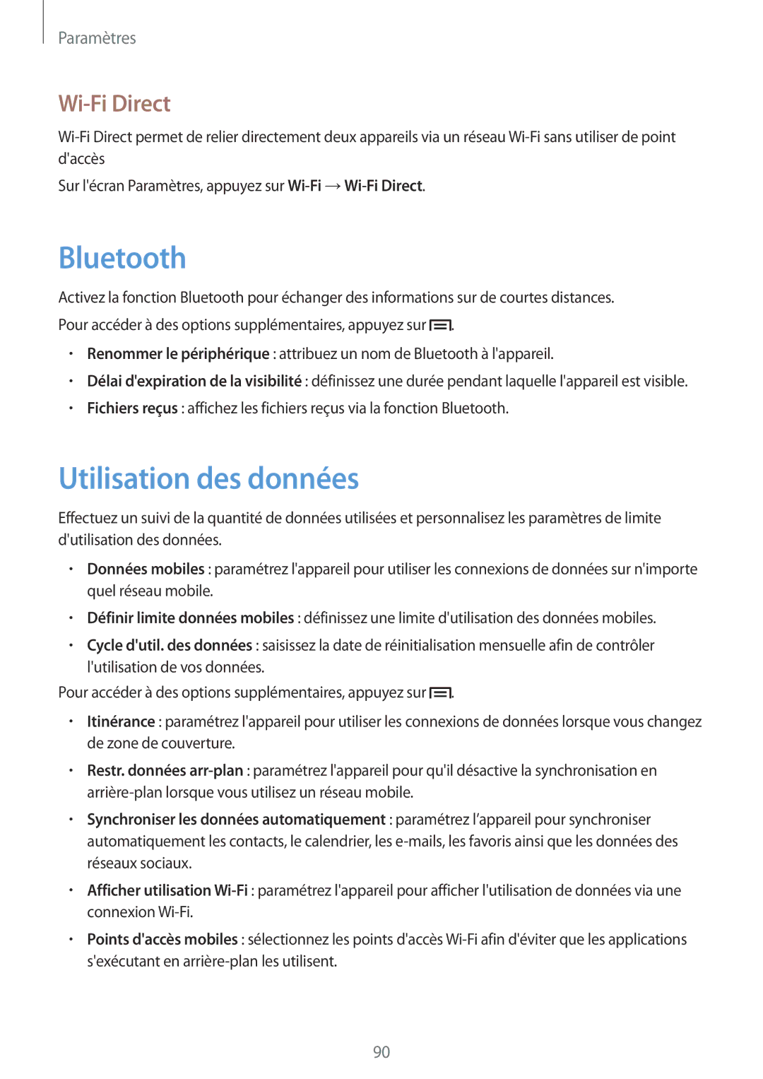 Samsung SM-T2110MKABGL, SM-T2110ZWABGL, SM-T2110GNABGL manual Utilisation des données, Wi-Fi Direct 