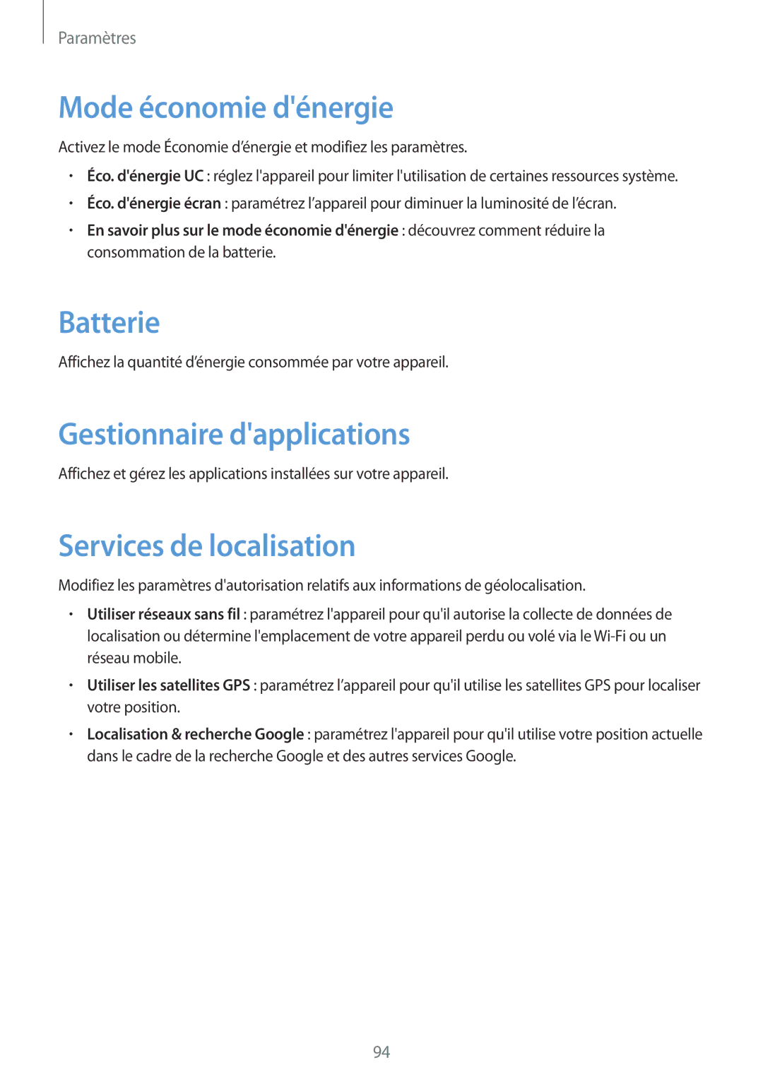 Samsung SM-T2110ZWABGL manual Mode économie dénergie, Batterie, Gestionnaire dapplications, Services de localisation 