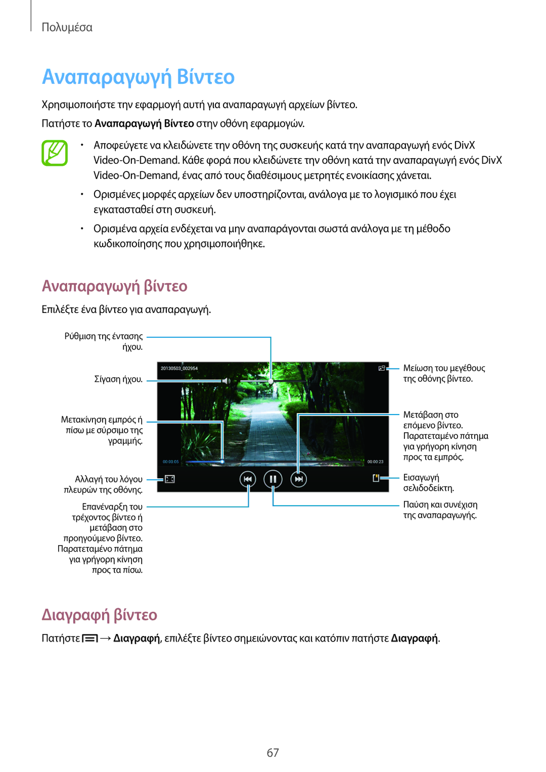 Samsung SM-T2110MKAEUR manual Αναπαραγωγή Βίντεο, Διαγραφή βίντεο 