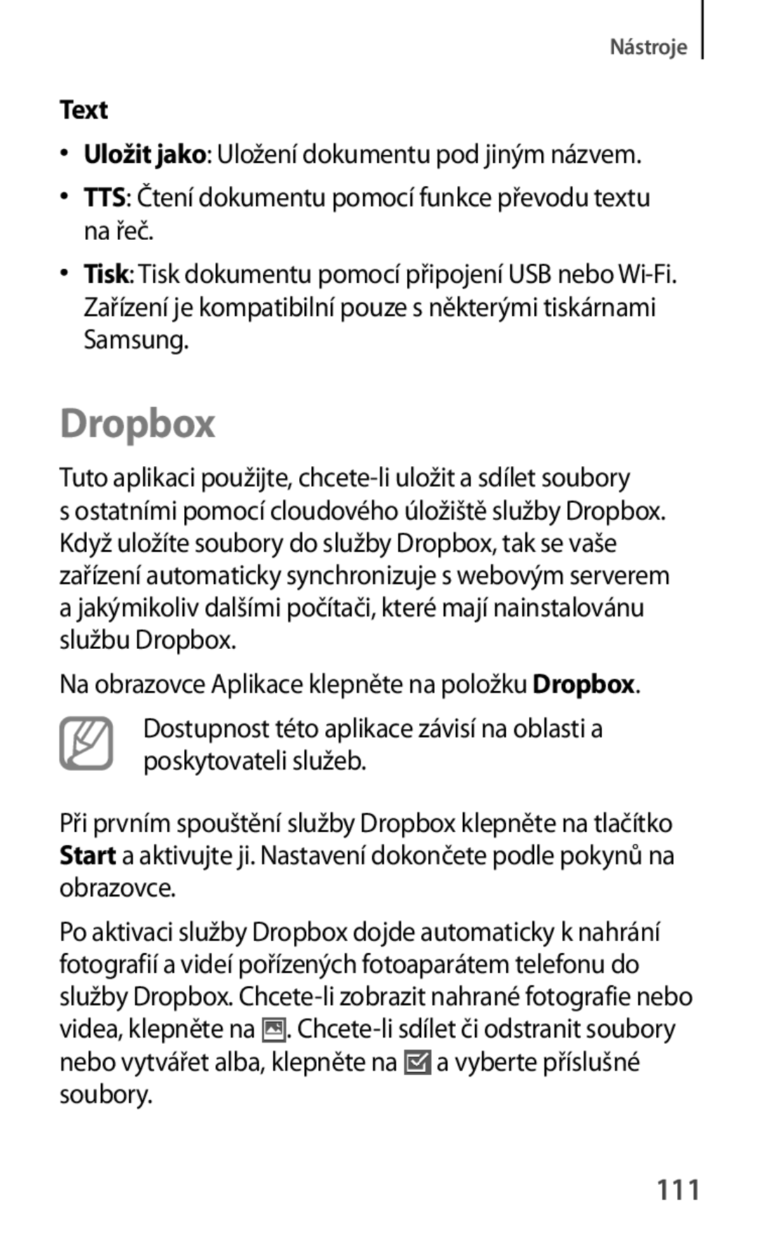 Samsung SM-T2110MKAXSK, SM-T2110MKATPL manual Dropbox, 111, Text, Tuto aplikaci použijte, chcete-li uložit a sdílet soubory 