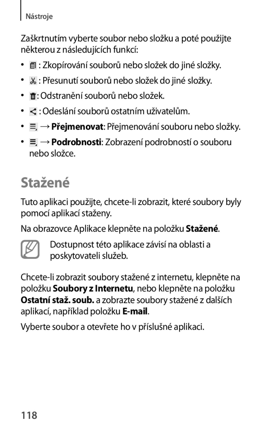 Samsung SM-T2110GNAATO, SM-T2110MKATPL manual Stažené, 118, → Podrobnosti Zobrazení podrobností o souboru nebo složce 