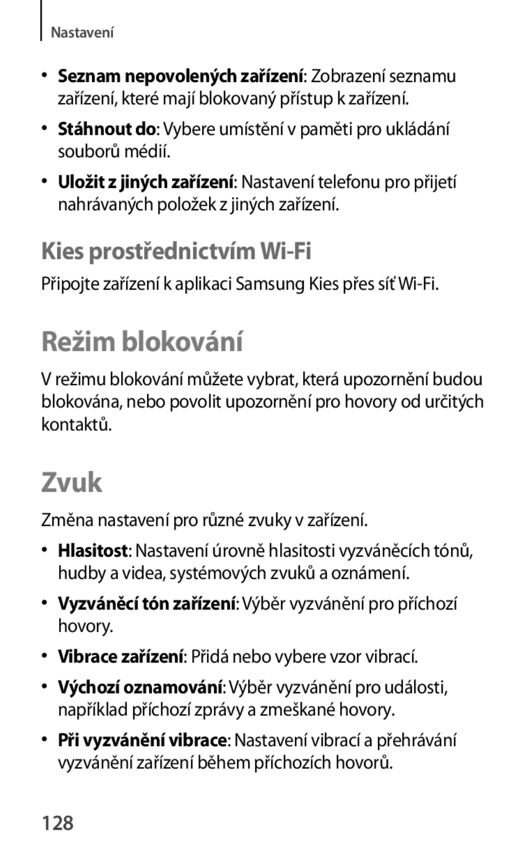 Samsung SM-T2110ZWAXEZ, SM-T2110MKATPL, SM-T2110MKAATO manual Režim blokování, Zvuk, Kies prostřednictvím Wi-Fi, 128 