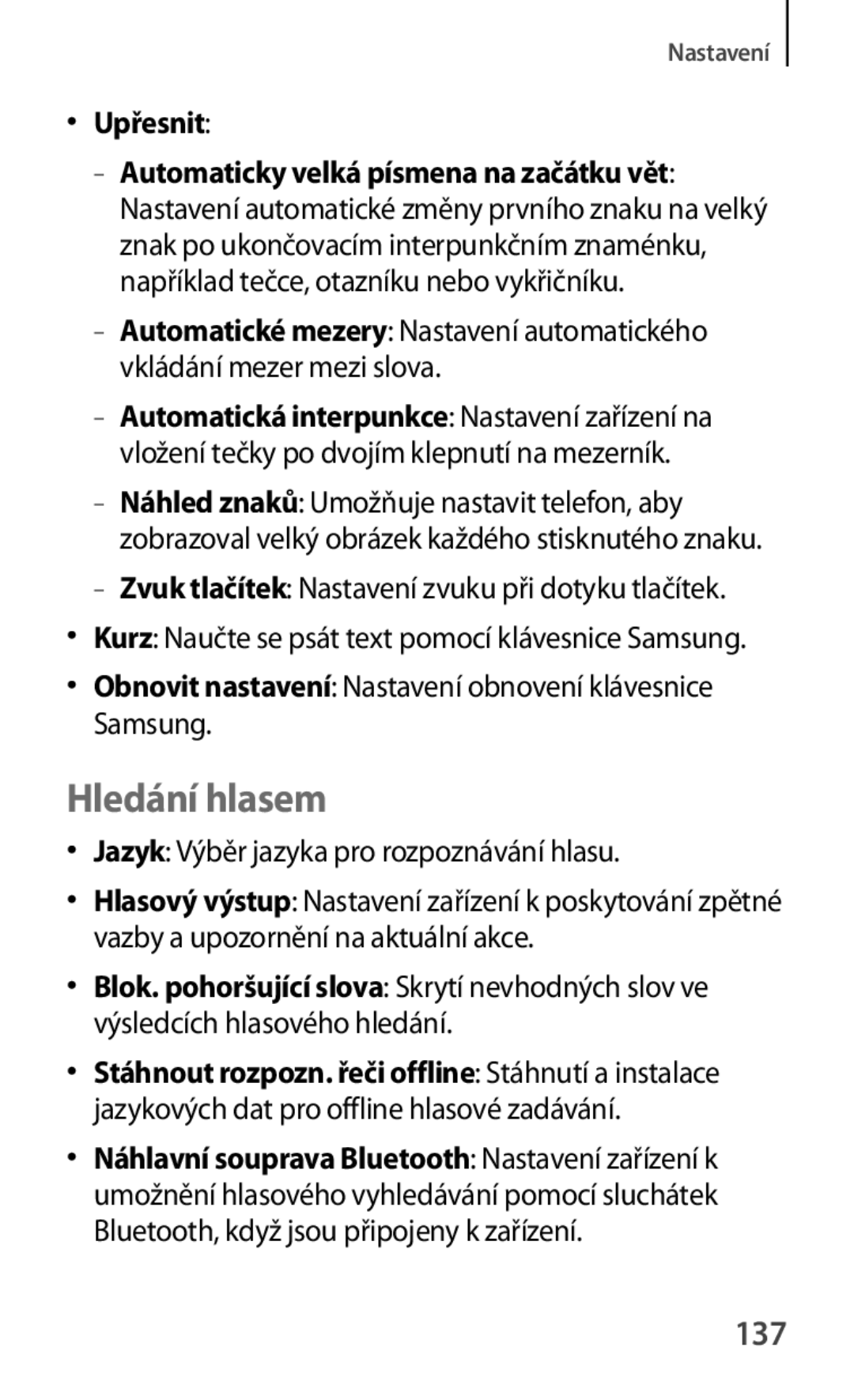 Samsung SM-T2110GNAATO, SM-T2110MKATPL Hledání hlasem, 137, Upřesnit, Samsung, Jazyk Výběr jazyka pro rozpoznávání hlasu 